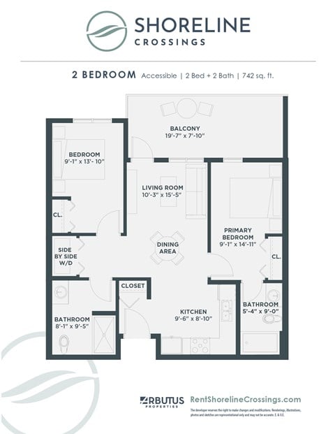 Floor plan for 2 beds, 2 baths, 742 sqft